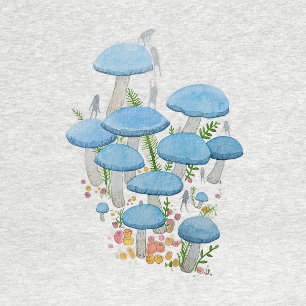 Blue Mushroom Watercolour Illustration by LittleInkings